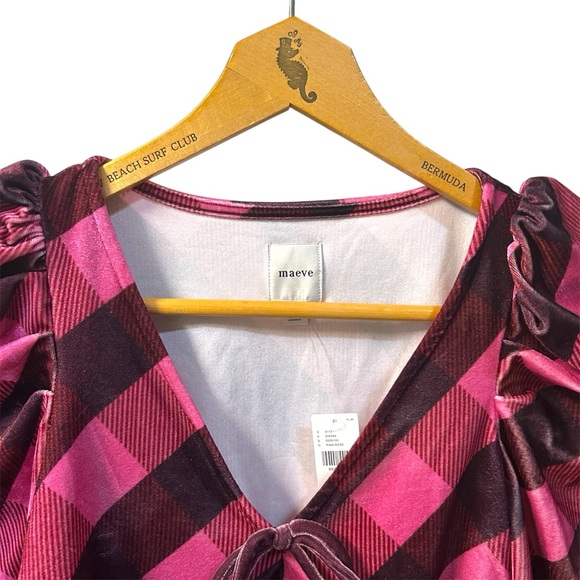 NWT MAEVE Anthropologie Velvet Babydoll Top in Rose Plaid Sz XS LS Puff Sleeves - Picture 2 of 10